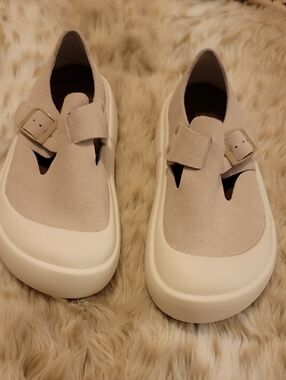 Women's Cream Suede Buckle Slip-On Loafers